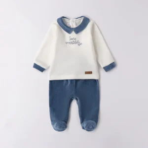 Tutina ciniglia neonato panna e blu con ricamo