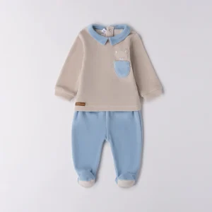 Tutina neonato in ciniglia beige e azzurro con orsetto