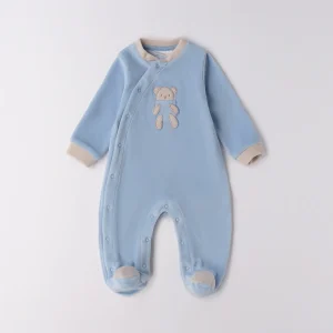 Tutina neonato ciniglia celeste con orsetto applicato