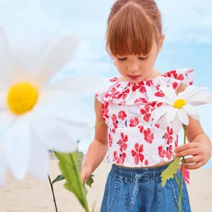 COMPLETO BIMBA T-SHIRT ROSSA CON VASETTI E SHORTS IN DENIM LEGGERO