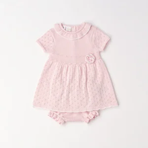 Abito con culotte neonata rosa 100% cotone con colletto volant e fiore applicato