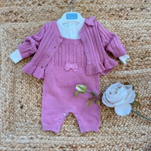 Completo neonata in maglia rosa con cardigan e blusa