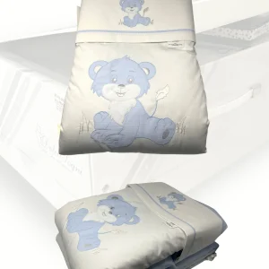 Dolci Sogni Coordinato 5 Pezzi Trapunta+paracolpi+completo Lenzuola Lettino In 100% Cotone Ricamato Colori Panna Rosa Cielo Grigio Art. 6023