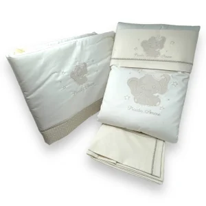 Dolci Sogni Coordinato 5 Pezzi Trapunta Sfoderabile Con Paracolpi Completo Lenzuola Lettino In 100% Cotone Ricamato Art. 6017 Elefante