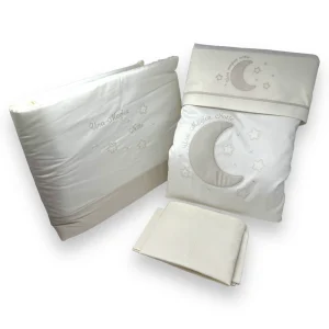 Dolci Sogni Coordinato 5 Pezzi Trapunta Sfoderabile +paracolpi+completo Lenzuola Lettino In 100% Cotone Ricamato Art. 6030 Luna