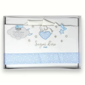 Irge - Completo Lenzuolini Sotto + Sopra + Federa Per Lettino In Puro Cotone Ricamato 120x180 Art. Bicl11