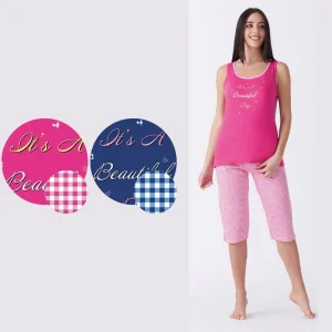 Vanuè - Pigiama Donna Corto Calibrato Spalla Larga Con Stampa In Puro Cotone  Art. Sv6866