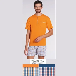 Vanuè - Pigiama Uomo Serafino Corto In Puro Cotone Con Taschino Art. Vs0235pcu
