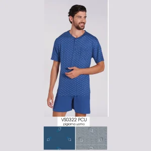 Vanuè - Pigiama Uomo Serafino Corto In Puro Cotone Con Taschino Art. Vs0322pcu