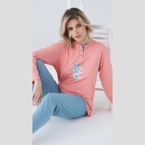 Karelpiu' Primavera Pigiama Donna Serafino Lungo In Puro Cotone Con Stampa Art. Sk8131pld