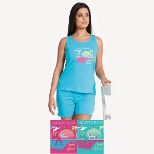 Pigiama Donna Corto Con Spalla Larga  In Puro Cotone Con Stampa  Art. Vs0338