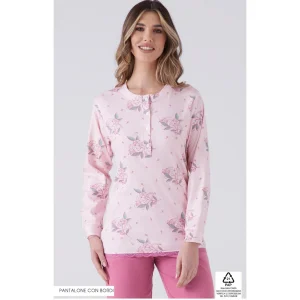 Pigiamiamoci Donna Pigiama Serafino Fantasia (pantaloni Con Bordo) In Caldo Cotone Art. 4100l