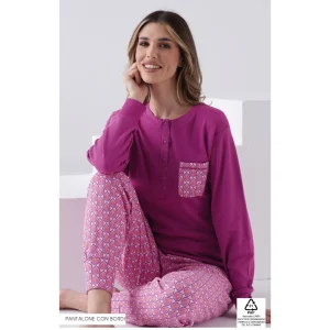 Pigiamiamoci Donna Pigiama Serafino Bicolore Fantasia (pantaloni Con Bordo) In Caldo Cotone Art. 4150l