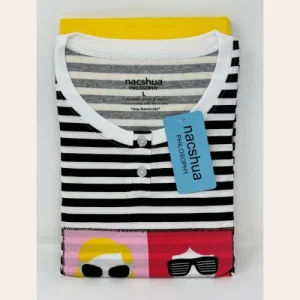 Nacshua - Pigiama Donna Serafino Rigato In Puro Cotone Con Pantalone Unito  Art. Amarilli