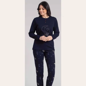 Irge Pigiama Donna Serafino Con Ricamo In Caldo Cotone 100% Pantalone Fantasia  Art. Mi1923