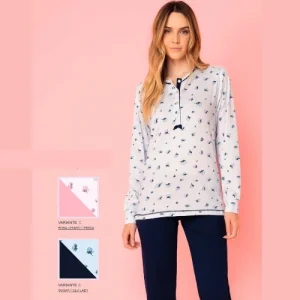 Irge - Pigiama Donna Cotone Primavera Lungo Serafino 4 Bottoni Fantasia In Puro Cotone  Art. Ir1975