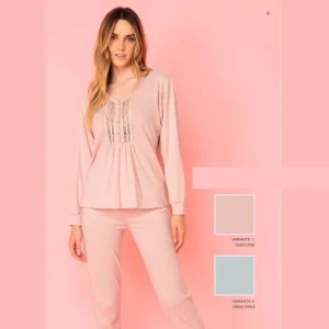 Irge - Pigiama Donna Cotone Primavera Lungo Serafino 4 Bottoni Con Inserto Pizzo In Puro Cotone  Art. Ir2101