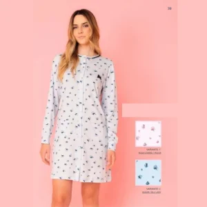 Irge Primavera Camicia Da Notte Manica Lunga Aperta Avanti Fantasia In Jersey Di Puro Cotone  Art. Ir1977