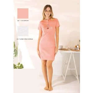 Irge Estate Camicia Da Notte Mezza Manica 3 Bottoni In Puro Cotone Ricamata  Art. Mic2036