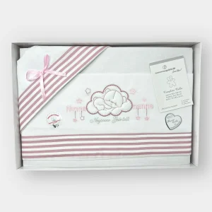 Nazareno Gabrielli Completo Lenzuola Carrozzina Ricamata 90x120 Cielo Rosa Grigio Panna Ng91
