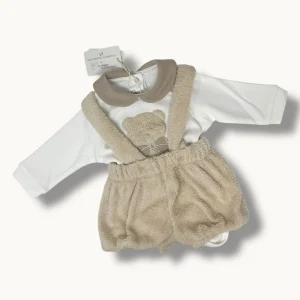 Nazareno Gabrielli Baby Salopetta 2 Pezzi Neonata In Ciniglia Di Cotone 100% Mano Orsetto Art. Ng2244-38
