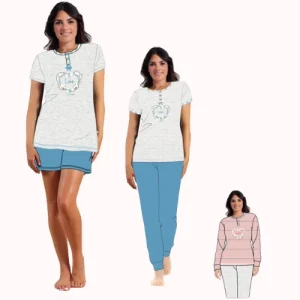 Irge Pigiama Donna 3 Pezzi M/manica Aperto +pantalone Lungo+pantalone Corto In Puro Cotone  Art. Td47