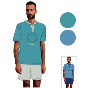 Irge - Pigiama Uomo In Cotone Scollo Serafino Uomo Corto Mezza Manica In Jersey Puro Cotone Con Stampa  Art- Mic2076