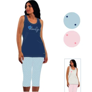 Y&m - Pigiama Donna Pescatore Spalla Larga Ricamato In Puro Cotone Con Stampa  Ymc549