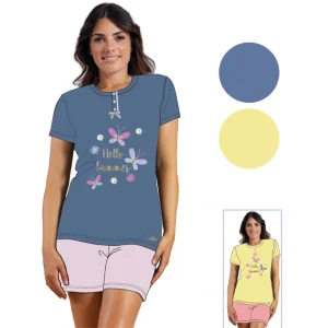 Y&m - Pigiama Donna Mezza Manica Pantalone Corto Con Stampa In Puro Cotone  Art. Ymc541