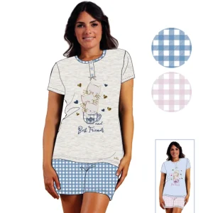 You&me -  Pigiama Donna Serafino Mezza Manica Corto Stampato In Puro Cotone  Art. Ymc561