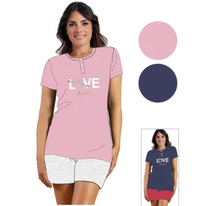 Y&m - Pigiama Donna Mezza Manica Pantalone Corto Con Stampa In Puro Cotone  Art. Ymc590