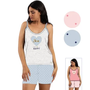 Y&m - Pigiama Donna Corto Spalla Stretta Con Stampa E Ricamo In Puro Cotone  Art. Ymc575