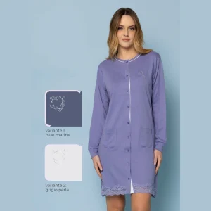 Irge - Camicia Da Notte Invernale Aperta Avanti In Caldo Cotone 100% Con Inserto Pizzo  Art. Iri2179