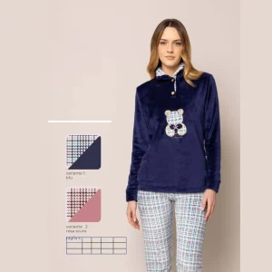 Irge - Pigiama 3 Bottoni Lupetto In Morbido E Caldo Coral Con Pantalone Fantasia  Art. Mic2185