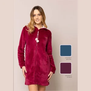 Irge  - Vestaglia Donna Invernale Full Zip In Morbido Coral Con Tasche E Ricamo Art. Mic2198