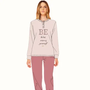 Y&m - Pigiama Donna Modello Serafino Con Chiusura 3 Bottoni In Caldo Cotone E Con Ricamo E Stampa  Art. Ymi613