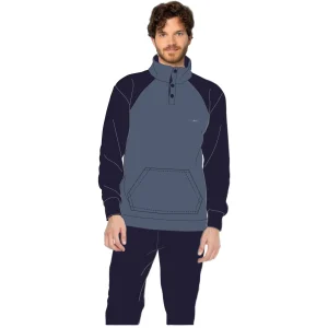 Irge - Pigiama Uomo Invernale Con Chiusura 3 Bottoni Lupetto In Pile Con Tasca Marsupio E Ricamo  Art. Y&mp597