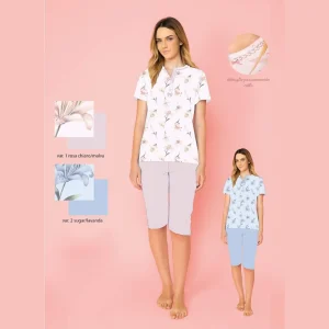 Irge Estate Pigiama Donna Calibrato Serafino Pescatore Mezza Manica In Puro Cotone Stampato Art. Cdc217