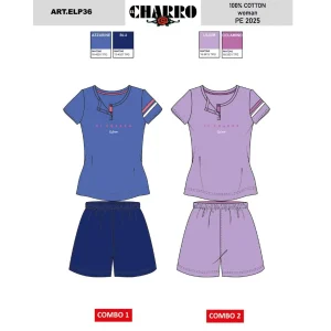 El Charro Estate Pigiama Donna Serafino Corto Mezza Manica Puro Cotone Con Stampa  Art. Elp33