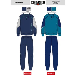 El Charro - Pigiama Serafino Uomo Lungo In Jersey Puro Cotone Con Stampa Art. Elp04