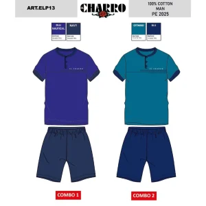 El Charro Estate Pigiama Serafino Uomo Corto Mezza Manica Puro Cotone Con Stampa  Art. Elp13