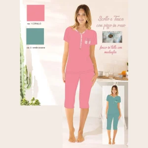 Irge Estate Pigiama Donna Pinocchietto Mezza Manica 3 Bottoni In Puro Cotone  Art. Mic2311