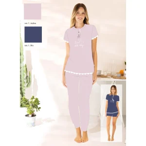 Irge Estate Pigiama Donna 3 Pezzi Calibrato Serafino Mezza Manica Pantalone Lungo E Corto In Cotone  Art. Tdc29