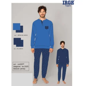 Irge - Pigiama Serafino Uomo Lungo In Jersey Puro Cotone Con Taschino Art. Mil2377