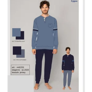 Irge - Pigiama Serafino Uomo Lungo In Jersey Puro Cotone Con Taschino Art. Mil2252