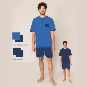 Irge Estate  Pigiama Uomo Corto Mezza Manica Serafino In Puro Cotone Con Taschino  Art. Mic2378