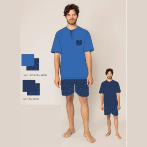 Irge Estate  Pigiama Uomo Corto Mezza Manica Serafino In Puro Cotone Con Stampa  Art. Mic2245