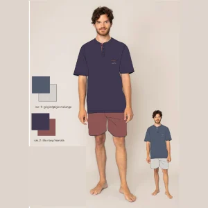 Irge Estate  Pigiama Uomo Corto Mezza Manica Serafino In Puro Cotone Con Taschino   Art. Mic2369