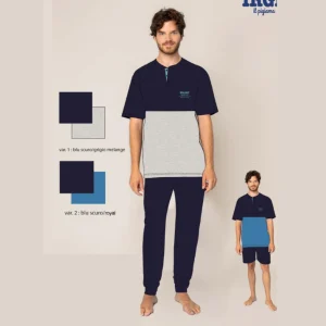 Irge - Pigiama 3 Pezzi Uomo Mezza Manica + Pantalone Lungo + Corto 100%cotone Art. Tu44