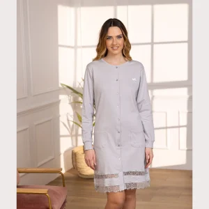 Irge Inverno Donna Camicia Da Notte Aperta Avanti In Caldo Cotone 100% Con Inserto In Pizzo Art. Iri2465